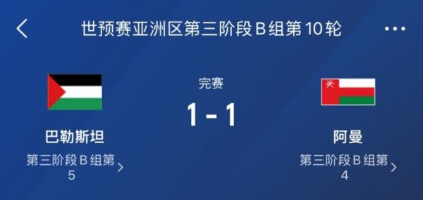 巴勒斯坦第97分钟遭阿曼点射绝平&1分之差无缘附加赛 阿曼第四